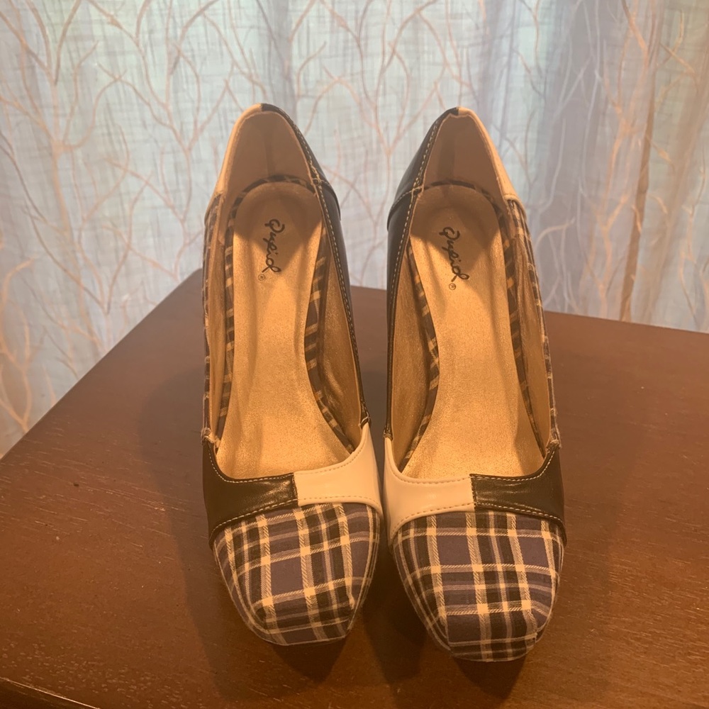 Qupid black/white/blue plaid platform heels